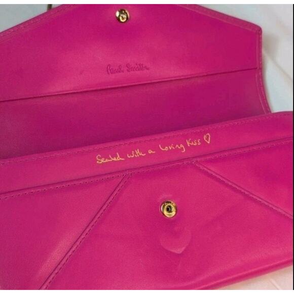 Paul Smith Pink Envelope Wallet Gold Heart Clasp Stripe Lining 7.5" x 4" - Picture 4 of 9